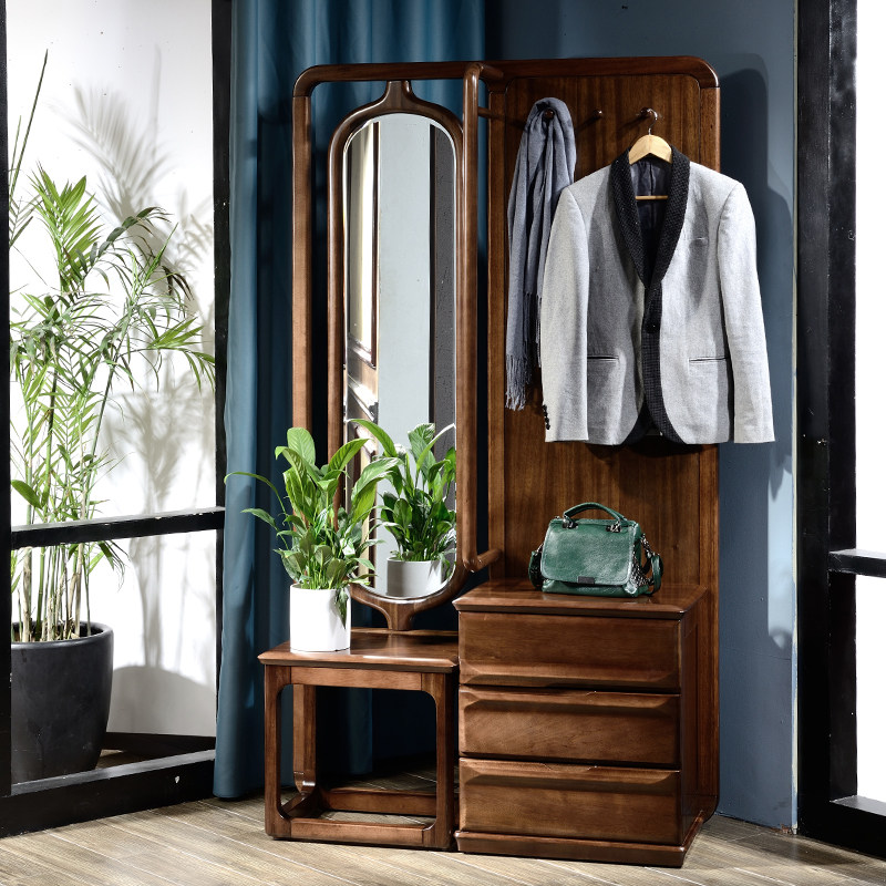 实木穿衣镜柜_全实木门厅柜黑胡桃木衣帽柜储物柜客厅玄关换鞋凳带