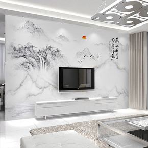 3d现代新中式水墨壁画大理石壁纸客厅5d电视背景墙纸无缝山水画