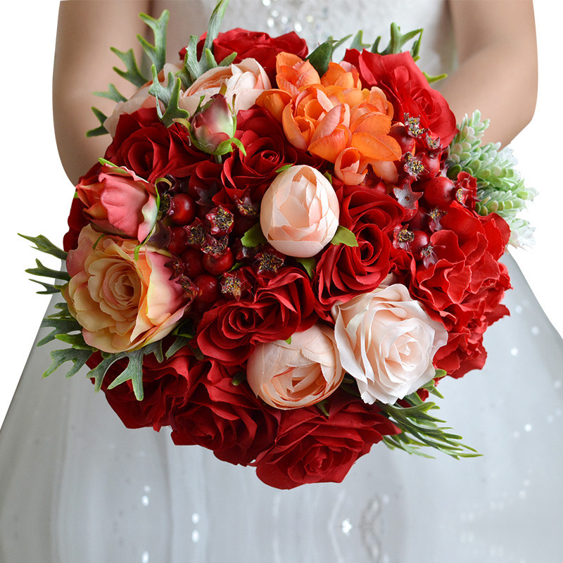 中式婚礼花束龙凤褂搭配秀禾服旗袍盘扣中国风大红新娘手捧花优惠券