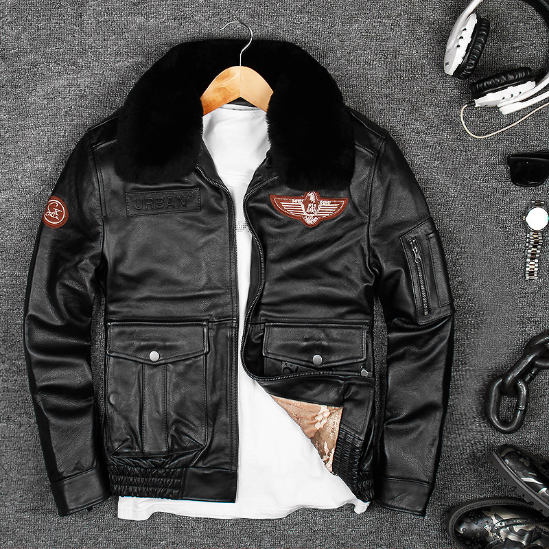 毛领飞行员夹克男_空军飞行服羊毛领头层牛皮皮衣飞行员男g1青年真皮