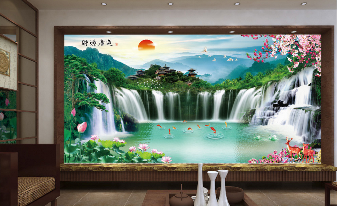 陶瓷影视墙砖迎客松中式电视背景墙瓷砖3d山水风景壁画现代简约