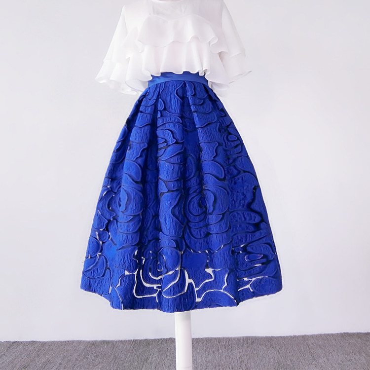 欧根纱a字裙_欧根纱蓬裙高腰a字裙 2018新款中长款过漆半身裙蓝色优惠