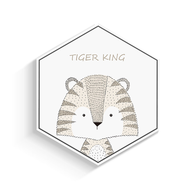 北欧可爱动物装饰画儿童房六边形挂画简约萌宠卡通墙画幼儿园壁画