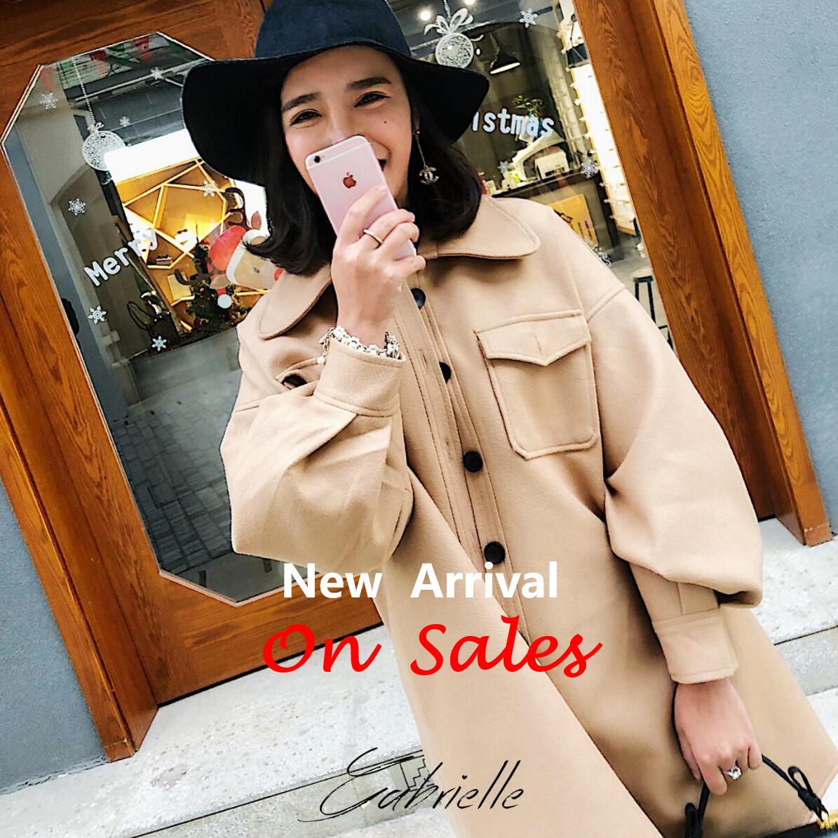 热销灯笼袖大衣女 中长款冬_gabrielle春秋冬韩版卡其色浅咖色中长款