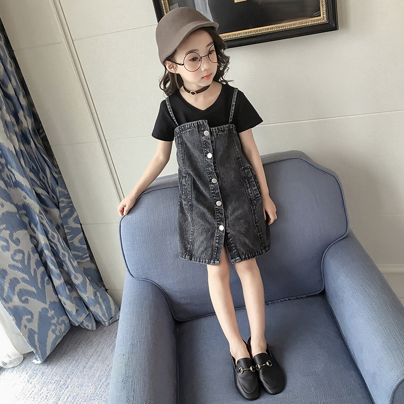 女童短袖连衣裙2018夏季小女孩童装中大童假两件拼接背带裙牛仔