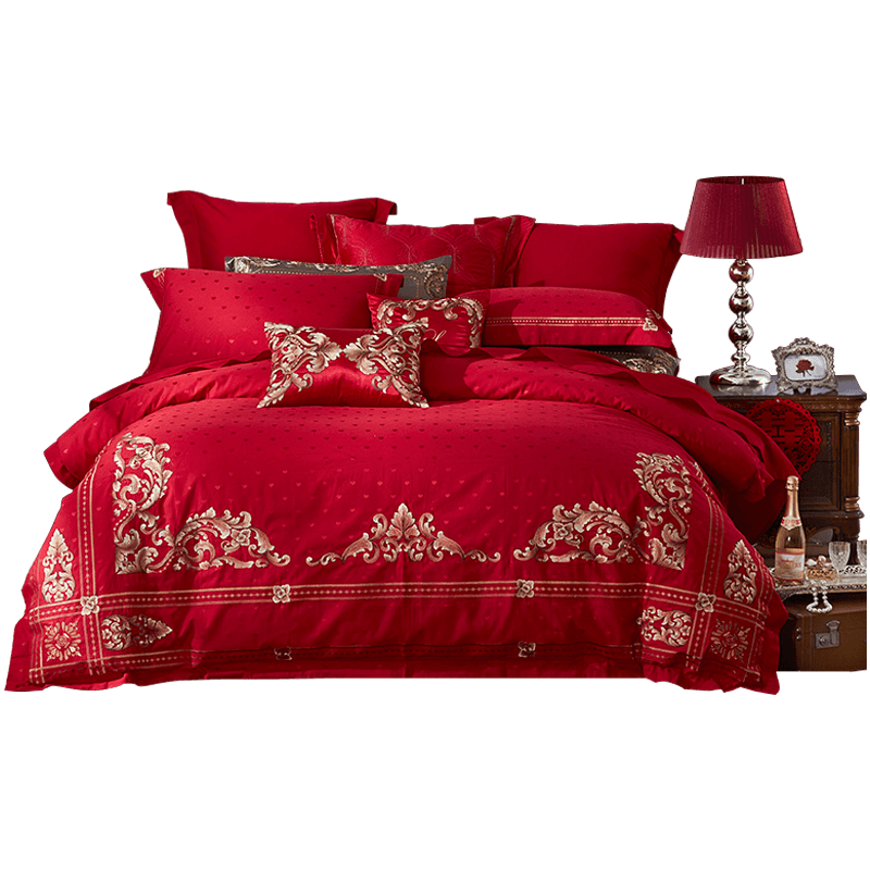 lovo家纺婚庆大红床上用品六件套