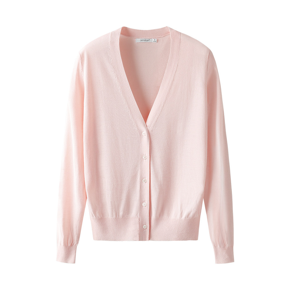 艾米恋冰丝开衫女春秋长袖上衣修身薄款v领针织衫外搭开衫外套女