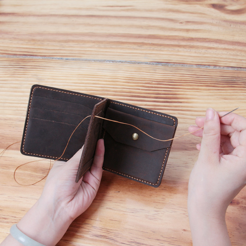 新款三折手工钱包男 真皮复古短款钱夹 纯手缝