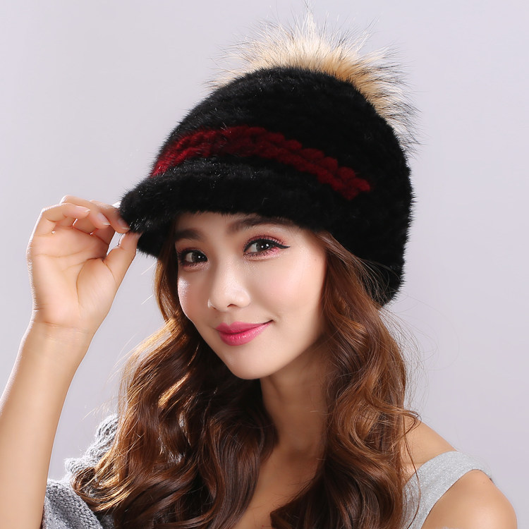 貂绒水貂皮帽子女冬百搭貂毛皮草帽子女秋冬韩版甜美可爱狐狸毛球