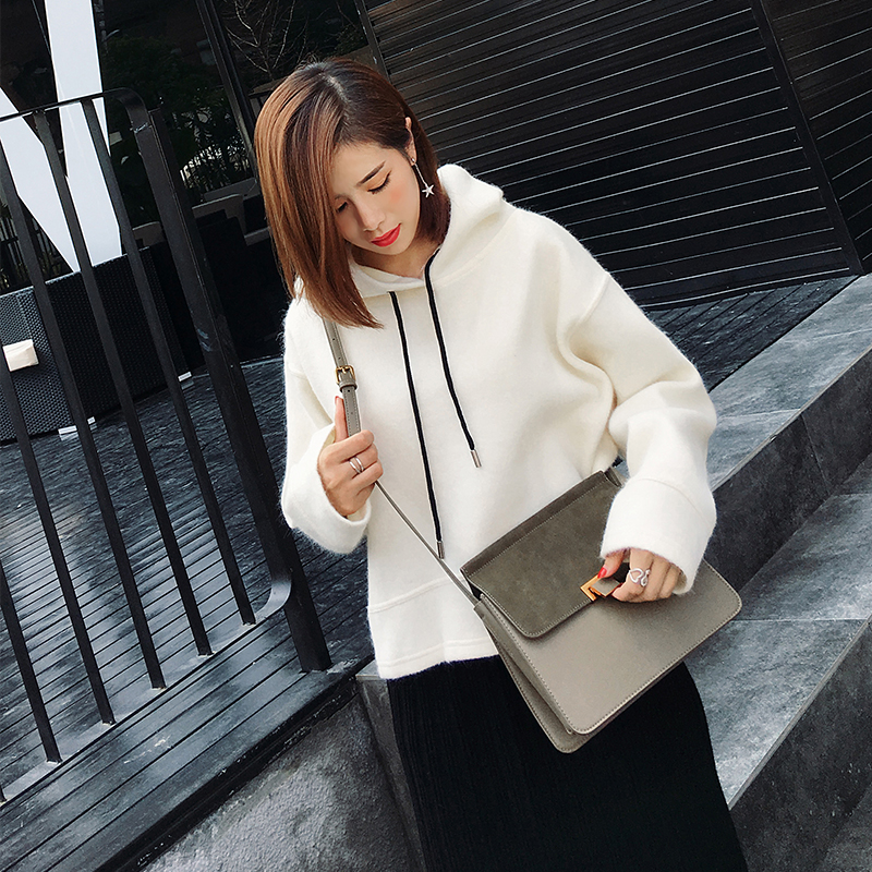 白色连帽卫衣女长袖韩版宽松显瘦chic加绒外套