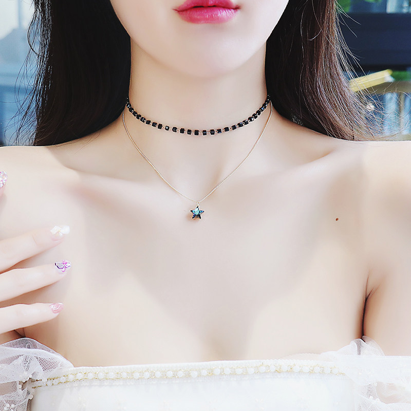 锁骨链 颈带双层_chocke黑色短款颈带锁骨链项链女项圈脖子饰品蓝钻