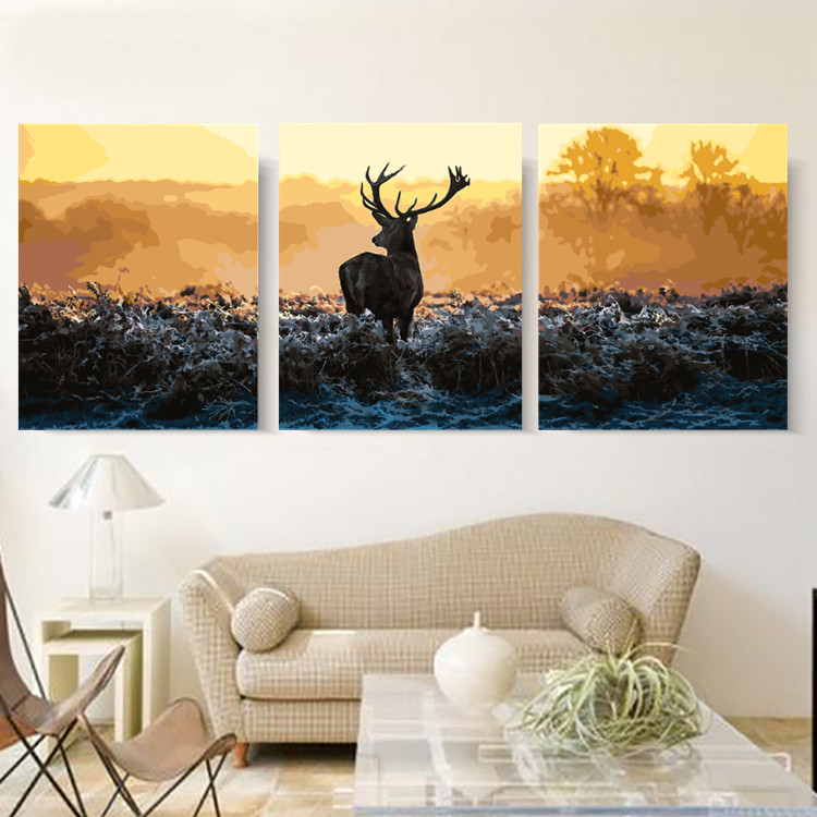 油画装饰画三联画数字动物客厅风景手绘diy三拼手工卧室填色人