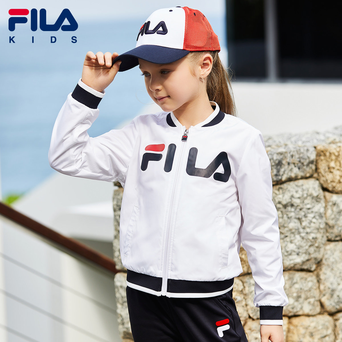 fila斐乐童装新款女童外套logo印花时尚梭织夹克棒球服儿童2018