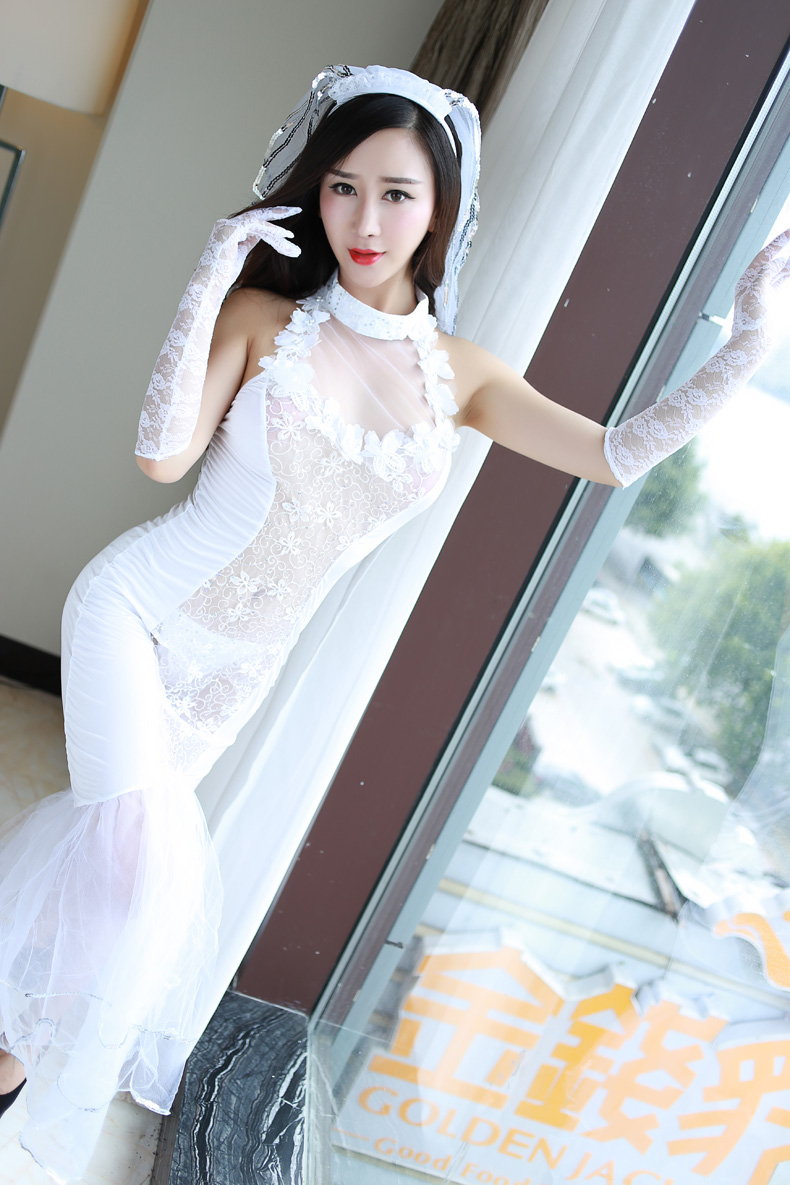 盼瑶性感白色蕾丝透视镂空露背婚纱修身长裙情趣内衣制服诱惑套装
