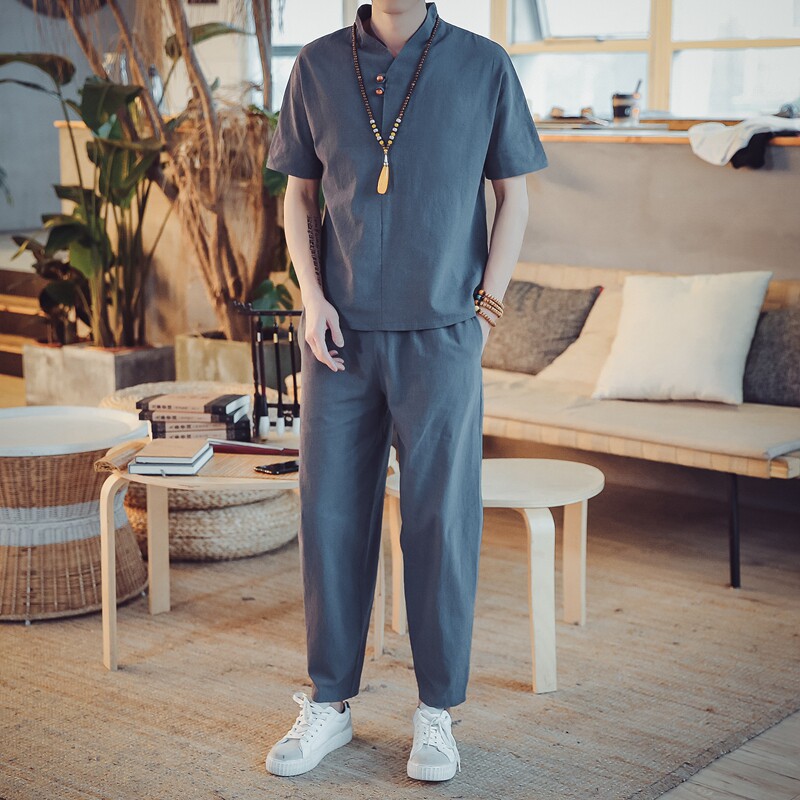 夏季棉麻套装男士亚麻布短袖t恤夏装休闲两件套帅气夏天大码衣服