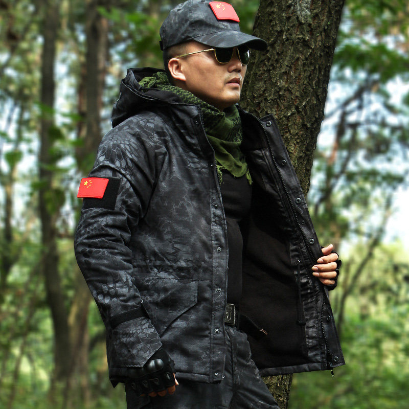 热销野战狼_狼石户外黑色蟒纹迷彩服套装男特种兵野战作训服加厚加绒
