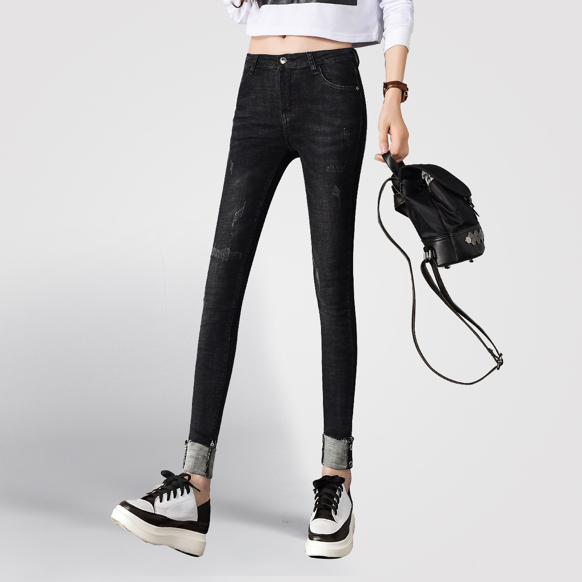 牛仔裤女装夏季2017新款长裤薄款秋装裤子裤腿脚翻边九分裤显瘦韩