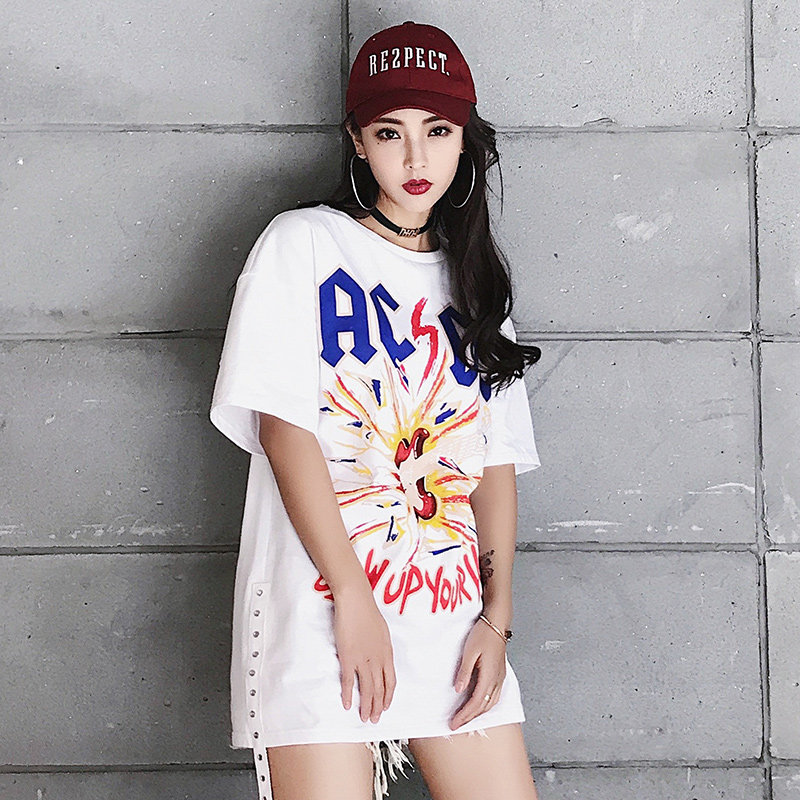 chic港味中长款t恤女白色短袖宽松原宿bf风上衣夏季韩版潮牌女装