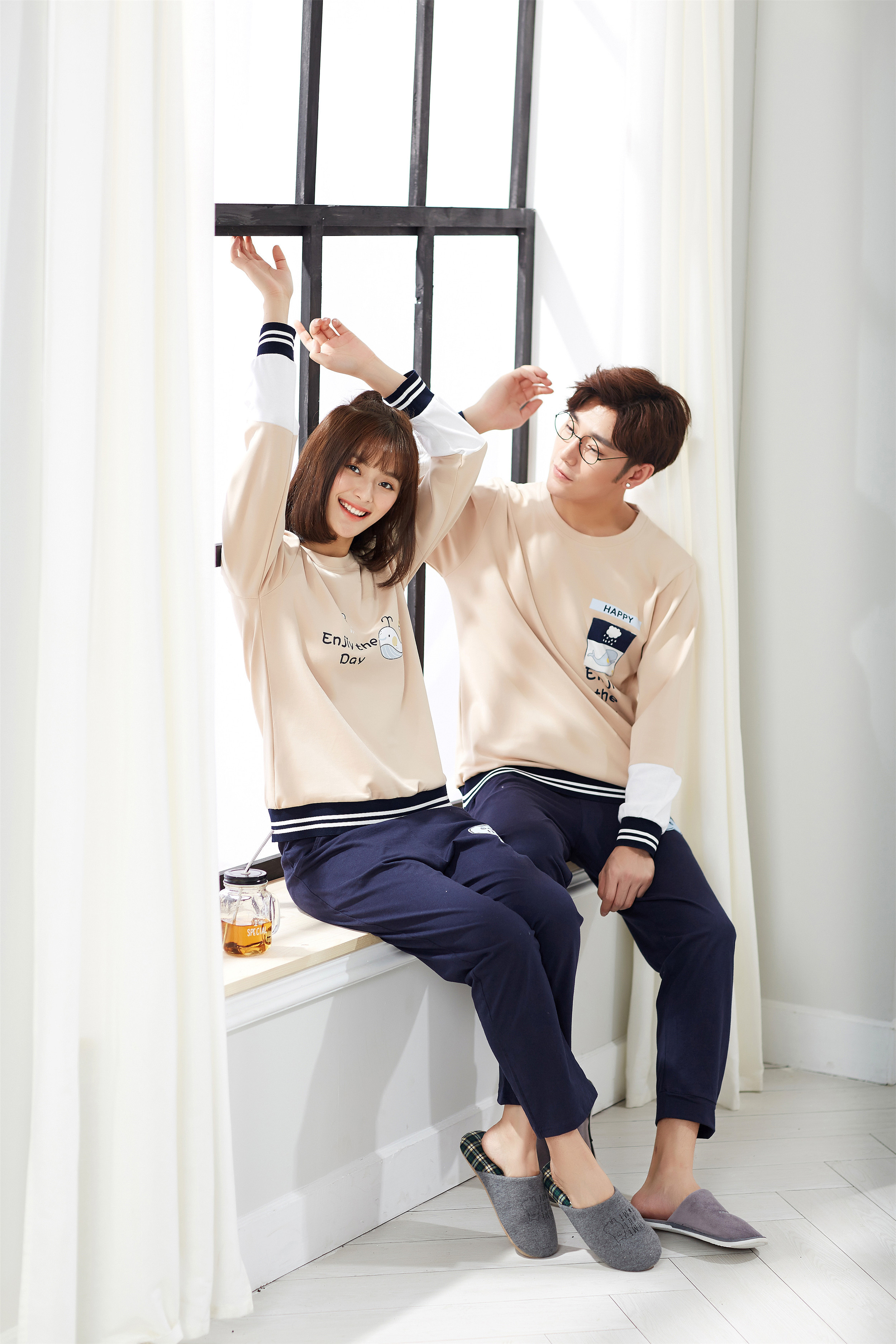 优良品秋冬季情侣睡衣女长袖套头纯棉可爱大码睡衣男女韩版家居服优惠