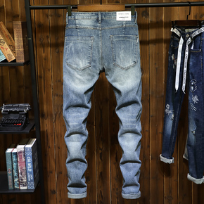 2018浅色新款破洞牛仔裤男士修身小脚青年韩