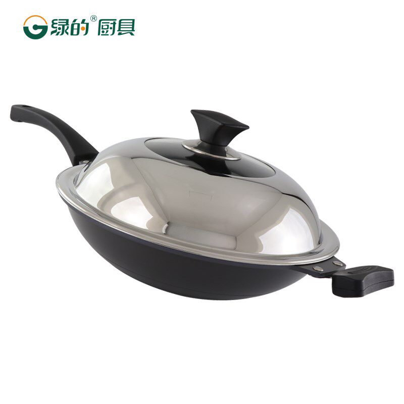 绿的尖底圆底炒锅物理不粘无涂层少油烟不生锈锅具加厚燃气灶适用
