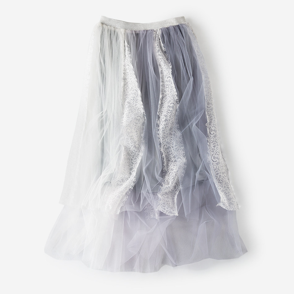 春夏细网纱高腰中长裙仙女裙蕾丝拼接蓬蓬百褶裙大裙摆半身裙女装