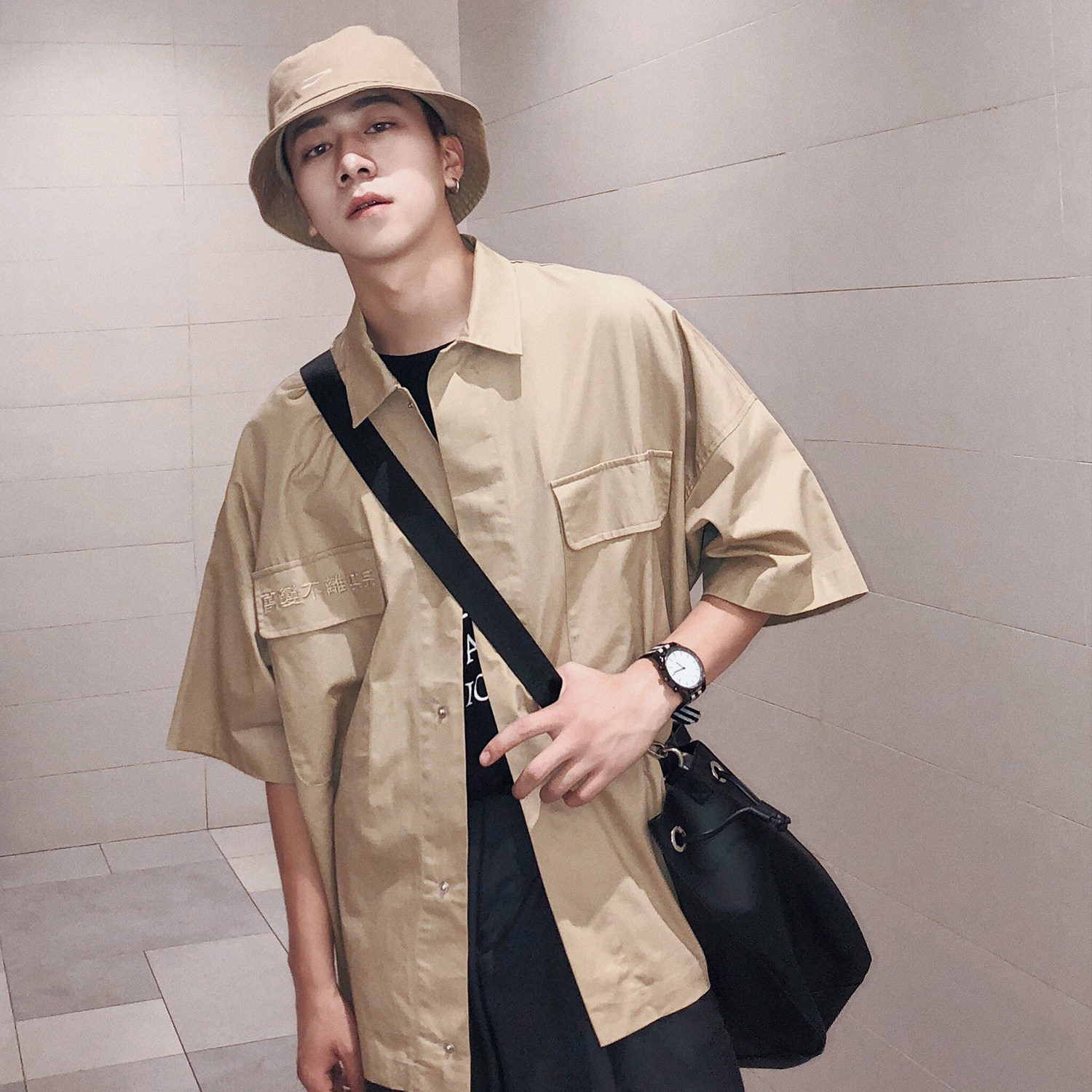 夏季新款万变不离其宗刺绣衬衫男士工装风短袖