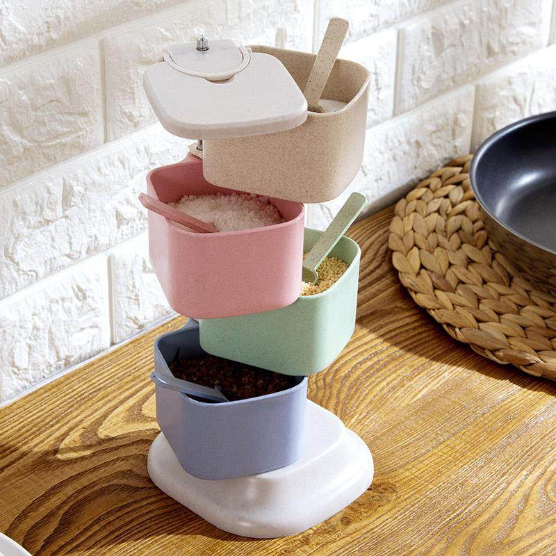 小麦秸秆调味罐立式旋转调料盒厨房盐味精调味盒调料罐套装