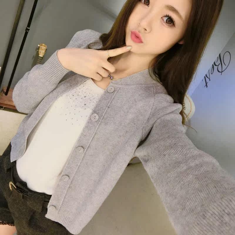 秋冬开胸毛衣女土小个子短款小开衫羊绒衫针织开身溥外套可爱外衣