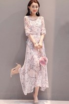 2018春装新款女装韩版修身长款长裙连衣裙女雪纺过膝长袖夏季碎花