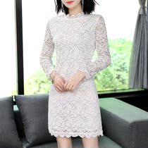 新款雷丝连衣裙淑女中长款冬季打底连衣裙女加绒加厚新款蕾丝长袖