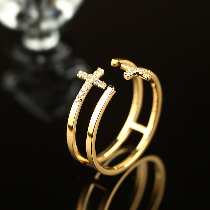 欧美设计18k黄金钻石排镶戒指双十字个性排钻戒指