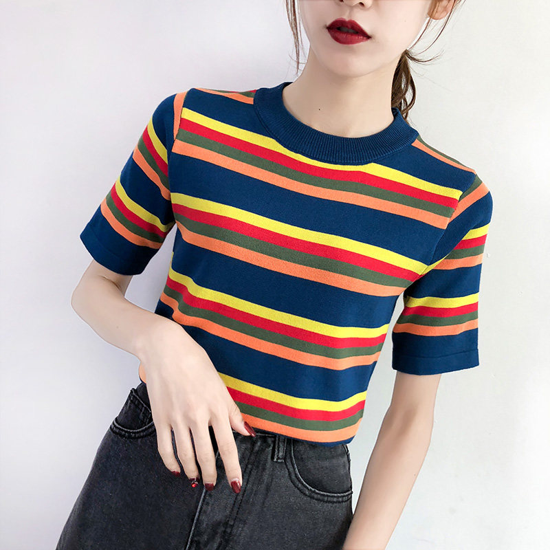 针织条纹短袖_2019夏季新款彩色条纹冰丝针织衫圆领短袖t恤宽松百搭大