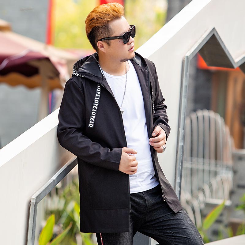 春秋新款男加肥加大码连帽风衣中长款特大号胖子肥佬风衣外套潮胖