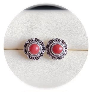 尼泊尔手工藏式s925纯银复古民族风天然珊瑚耳钉耳环耳饰