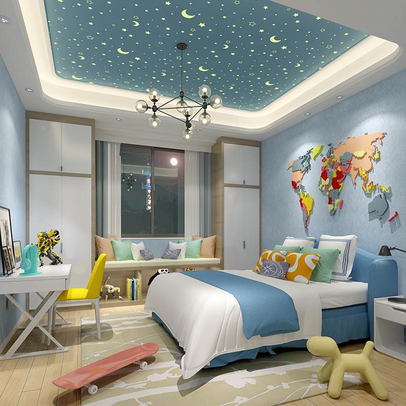 发光壁纸_星空夜光儿童房墙纸3d无纺布星星月亮男女孩卧室发光壁纸