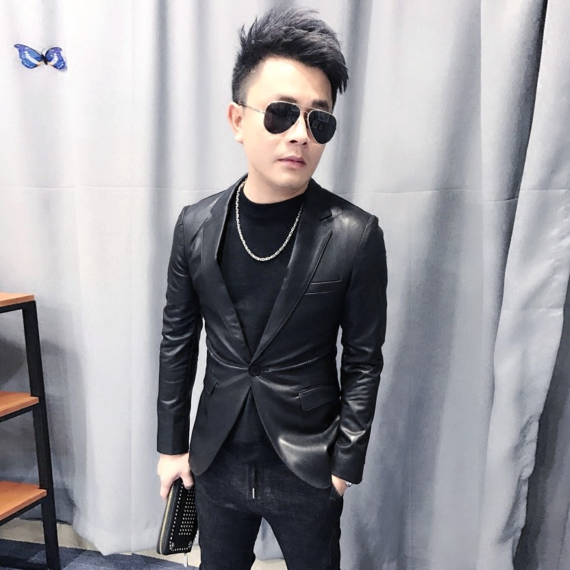 2018秋冬新款潮男皮西装韩版修身时尚型男发型师小西装皮外套男潮
