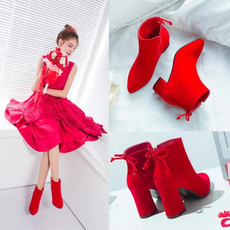 本命年女鞋子 红色_红鞋子女结婚冬平底冬天大红色厚底百搭潮流短靴潮