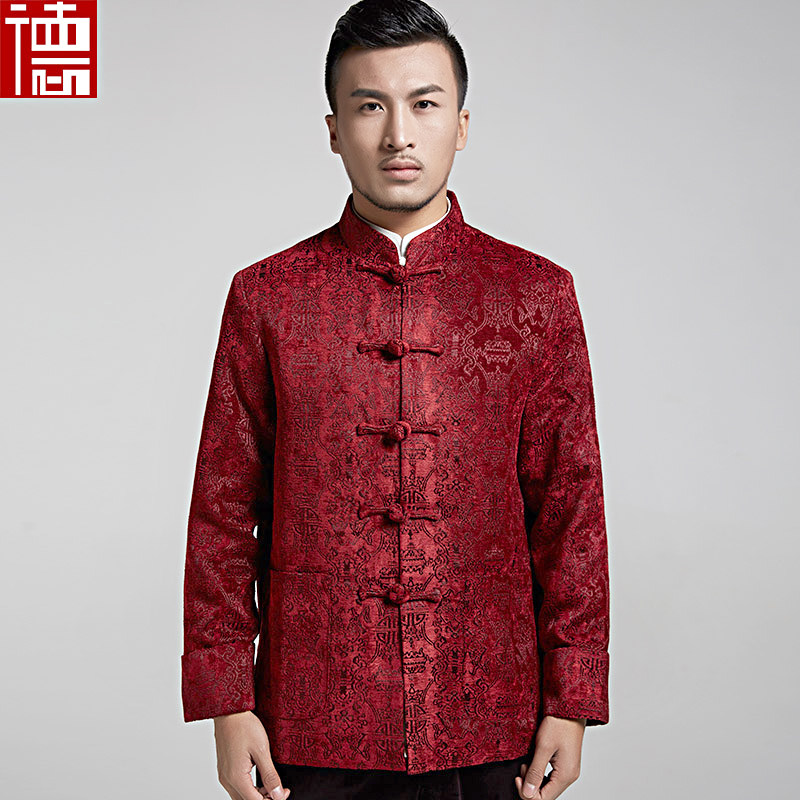 洪威 秋冬唐装男中老年外套中式立领珠子扣民族服装提花上衣厚款
