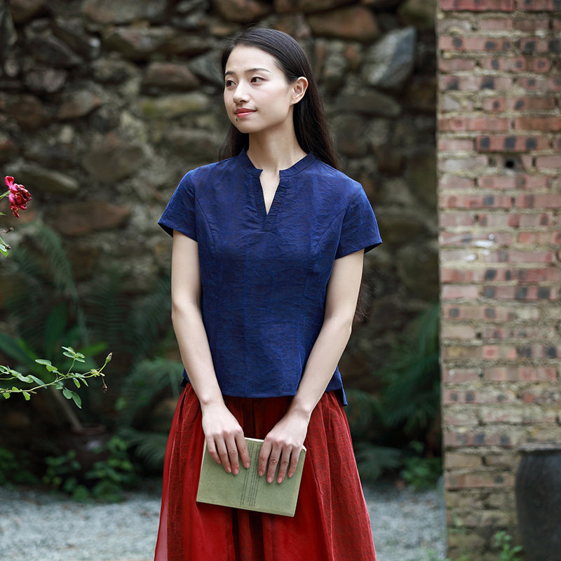 【罗衣】吉祥羽儿原创莨绸香云纱中式复古短款v领短袖