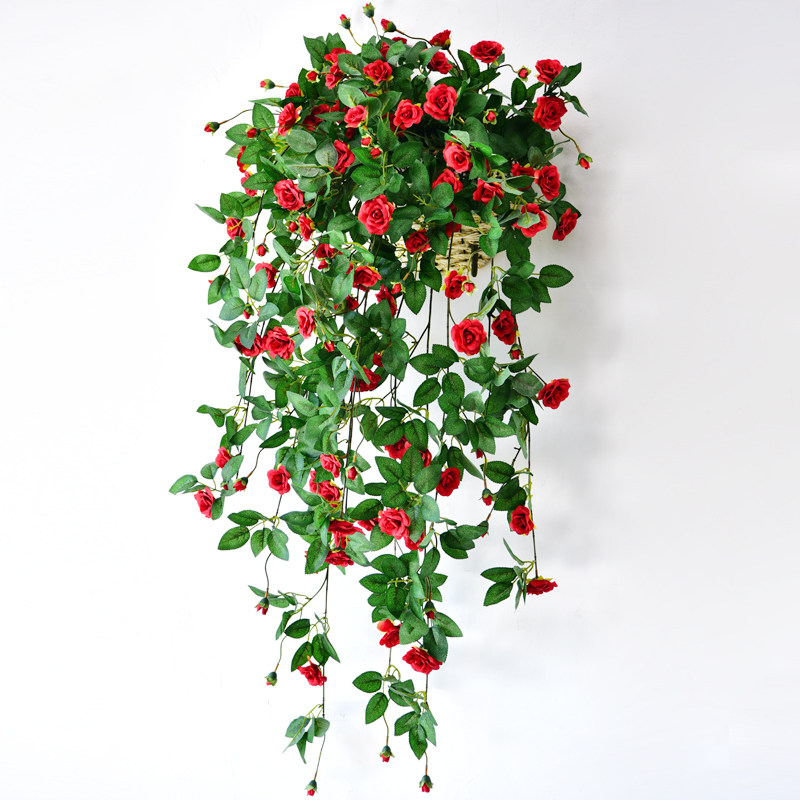热销墙壁挂花装饰_仿真玫瑰花藤条蔷薇壁挂装饰吊花塑