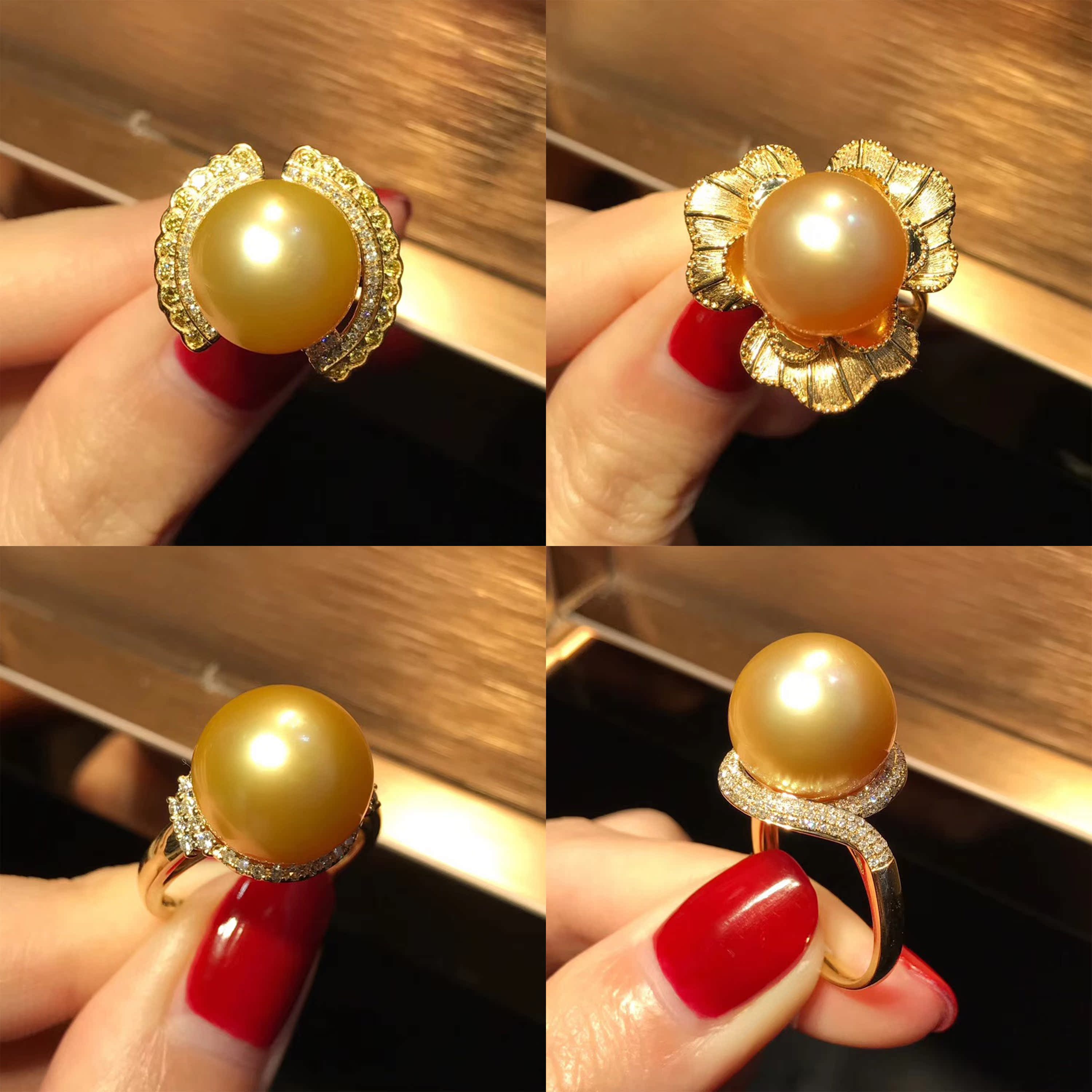 奢华南洋金珠浓金强光海水珍珠戒指18k金镶嵌钻石正圆女饰品