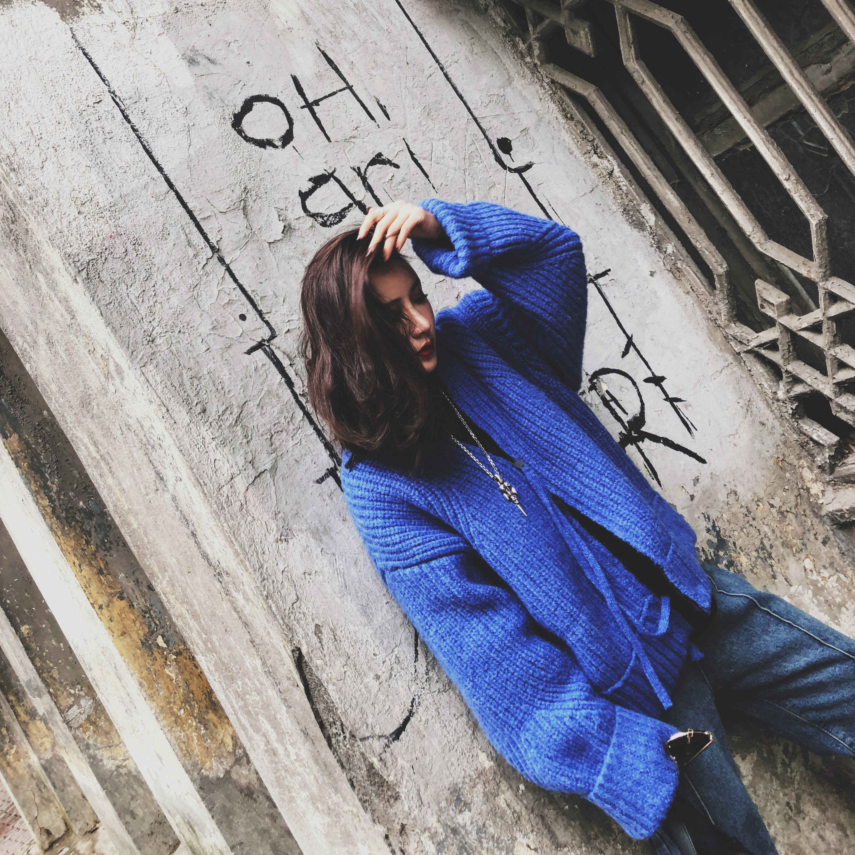 中长款蓝色羊毛开衫外套女冬宽松2017bf风粗