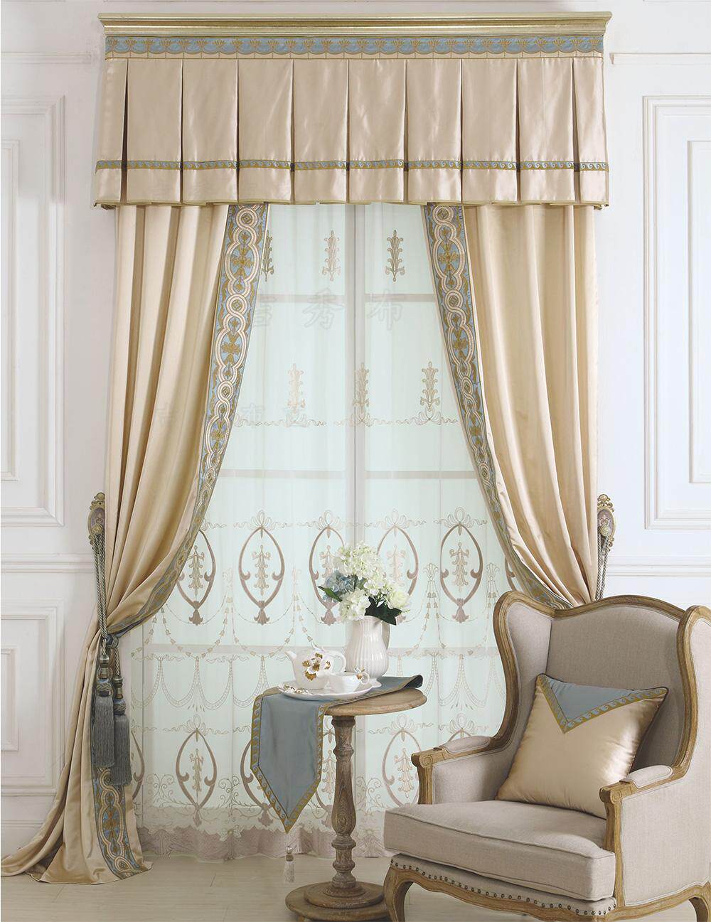 法式窗帘定做 米色蓝色粉色高档仿真丝缎面 贴布绣花边单色纯色