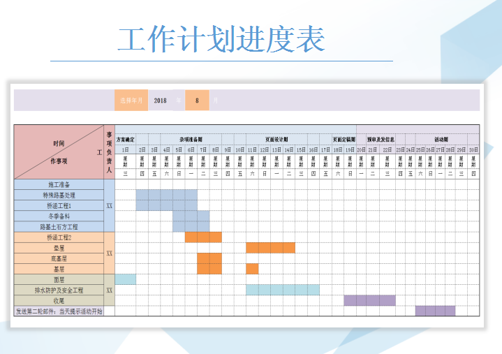 工作计划表(甘特图显示进度程度)excel表格模板