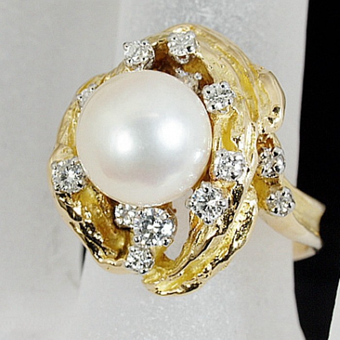 二手真品岩仓康二18k黄金pt900铂金珍珠0.29ct钻石戒指10.5号