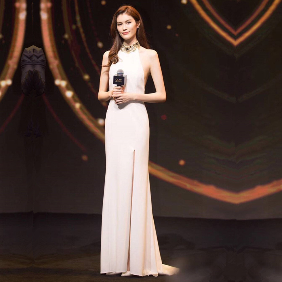鱼尾 长款_明星同款显瘦晚礼服2018夏白色长款显瘦鱼尾晚会主持人礼服