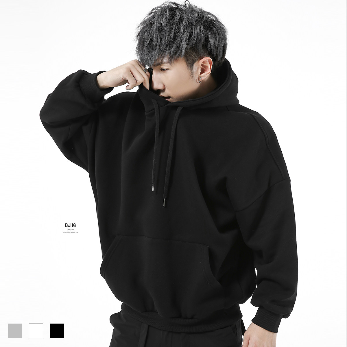 bjhg春欧美街头oversize宽松纯色蝙蝠袖毛圈连帽套头卫衣潮男外套