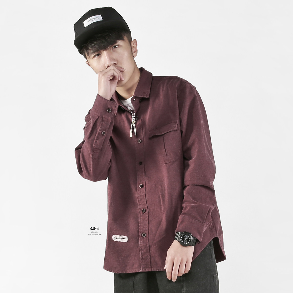 bjhg欧美纯色四季百搭宽松贴布做旧磨毛水洗衬衫潮男美式休闲衬衣