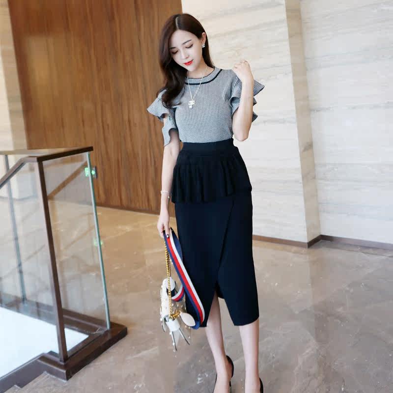 韩版名媛气质连衣裙套装格子上衣 开叉半身包臀一步裙